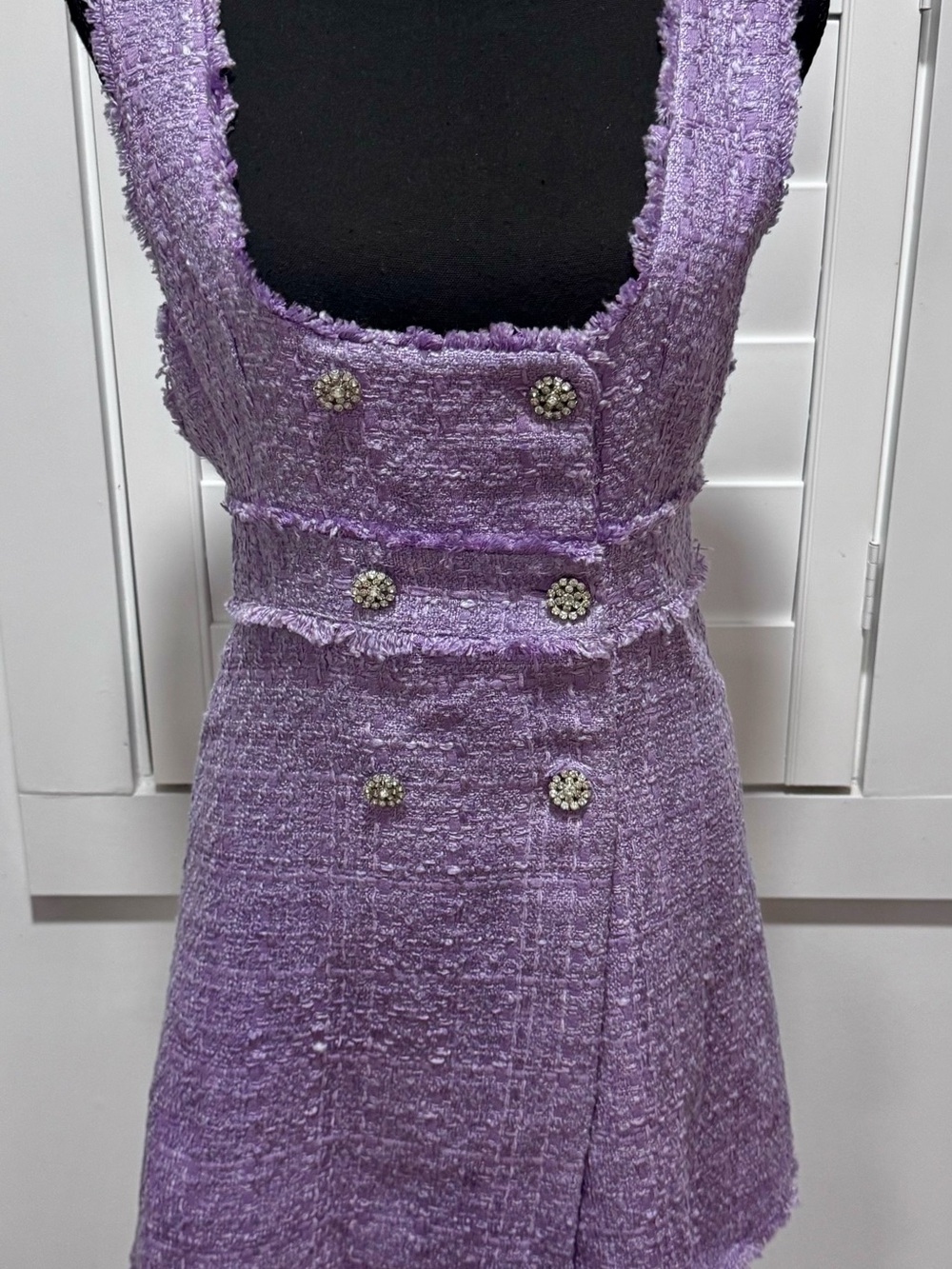 ZARA Lavender Purple Tweed Bouclé Jeweled Button Mini Dress Size S
